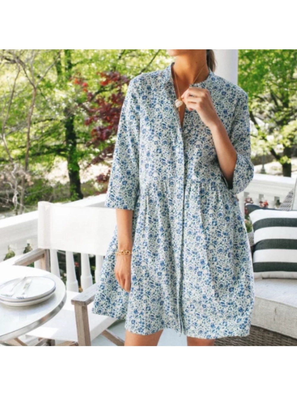 NEW TUCKERNUCK Blue Floral Button-Front Smock Dress